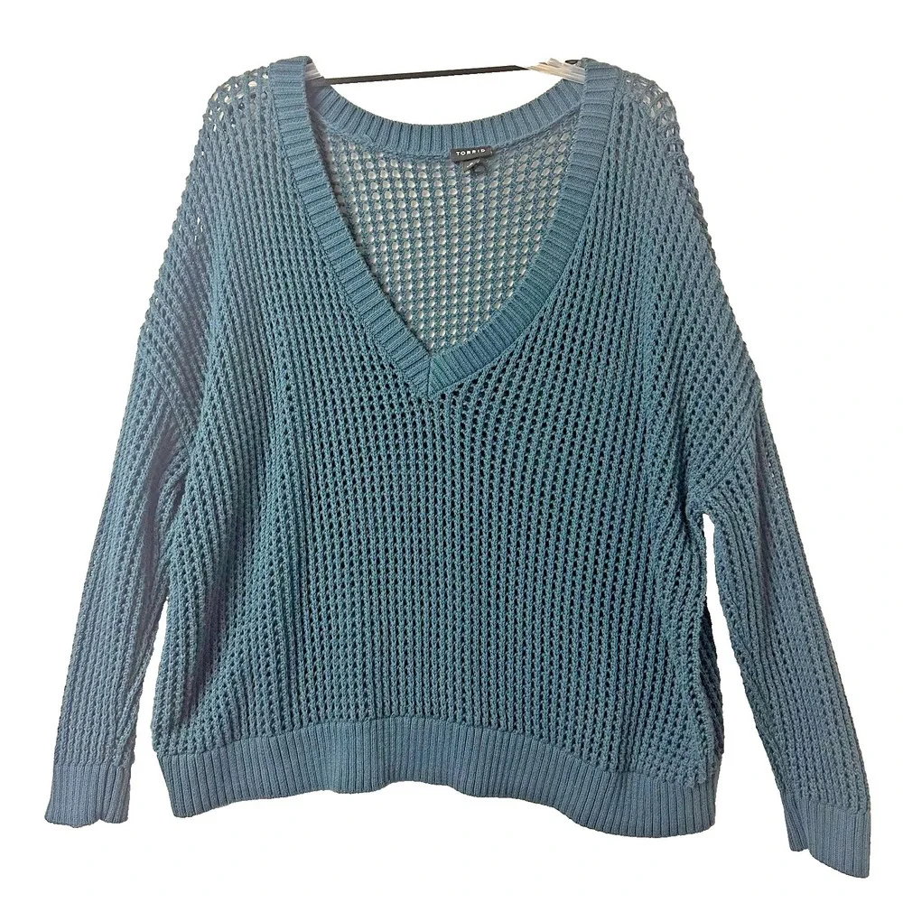 Torrid‎ Womens Blue Open Stitch Crochet V-Neck Sweater Size 0 L 43640730
